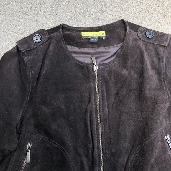 ASHLEY B Bernardo Leather Suede Jacket Women's LARGE Coat Black Full Zip Wide‌ - Picture 6 of 7